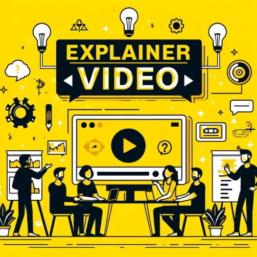 DALL·E 2024-04-25 12.45.23 - Modify the first image to have a completely yellow background. Overhaul the text to spell _EXPLAINER VIDEO_ correctly, maintaining the same flat vecto